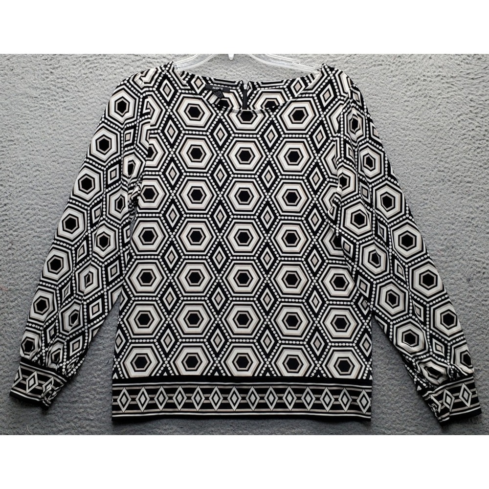 Alfani Blouse Top Women L Multi Patterned Stretch Long Sleeve Boat Neck Back Zip